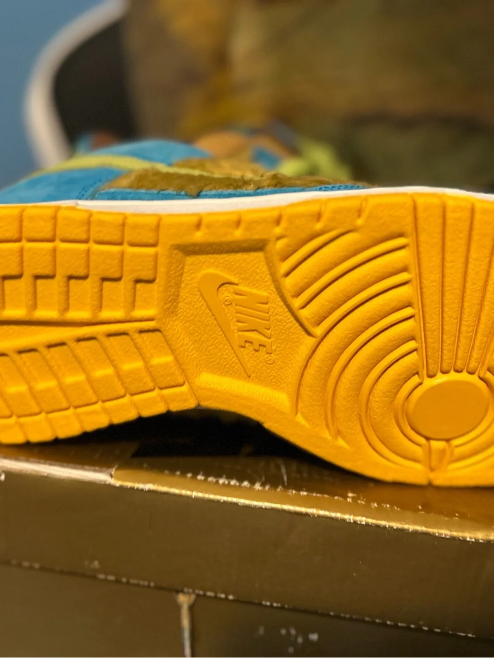 Nike Blue and Brown Furry Low-Top Sneakers with Yellow Sole
